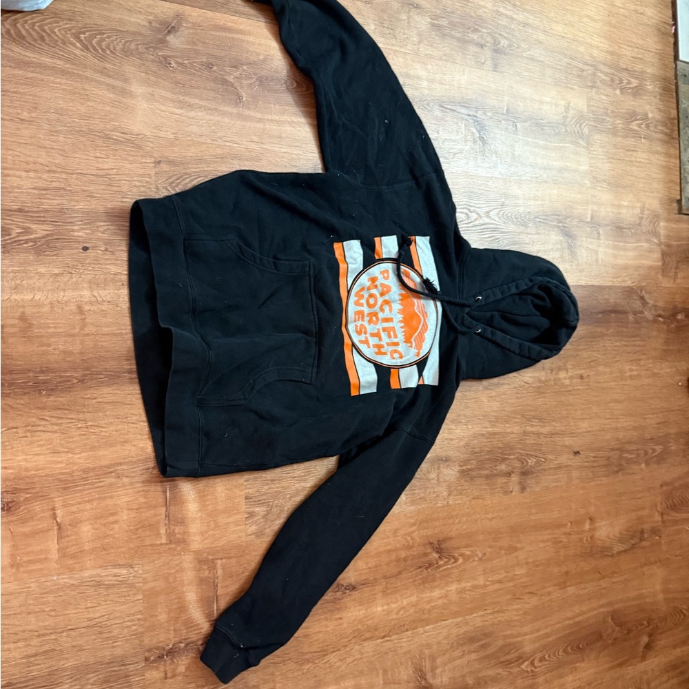 Black Hoodie with Orange and White Graphic